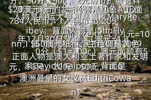 1 澳幣是多少人民幣$根據(jù)2019年12月30日匯率，1澳元=4.8784人民幣，1人民幣=0.205澳元 澳幣的貨幣代碼是A$,AUD，分/仙（cent，c）1元=100分（$1=100c）澳元面額有5元，10元，20元，50元，100元的塑料錢幣另有5分，10分，20分，50分，1元，2元鑄幣擴展資料$20澳元紙幣：主色調是紅色，正面人物是船運大亨和慈善家MaryReibey；背面人物是JohnFlynn；$50澳元紙幣：主色調是黃色，正面人物是澳大利亞土著作家和發(fā)明家DavidUnaipon；背面是澳洲最早的女議員EdithCowan；